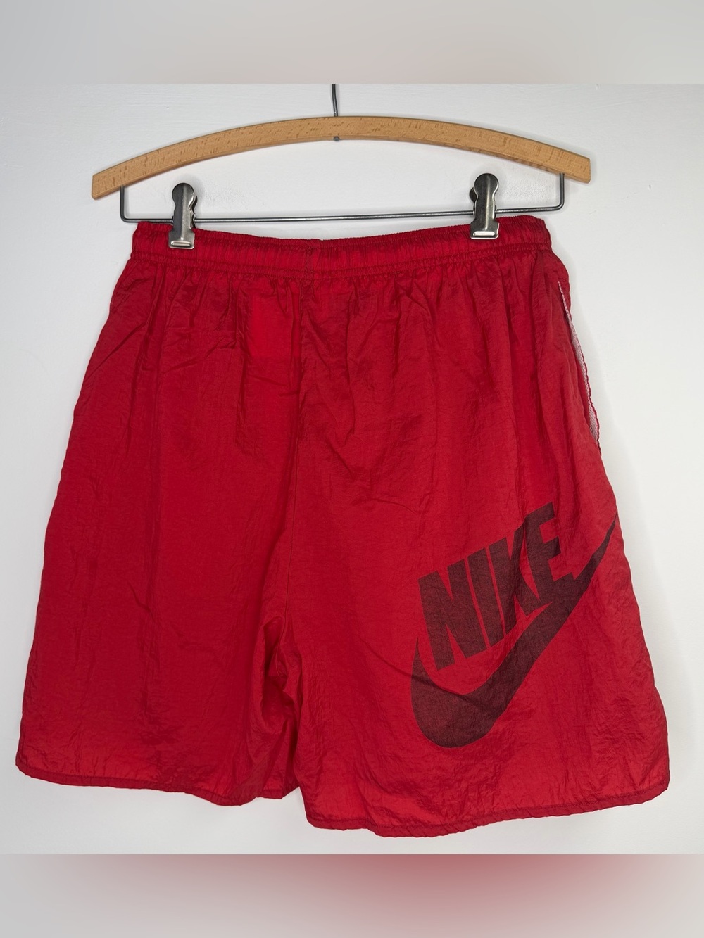 Vintage 90’s Red Nylon Shorts Pockets Embroidered Logo Size Medium‎